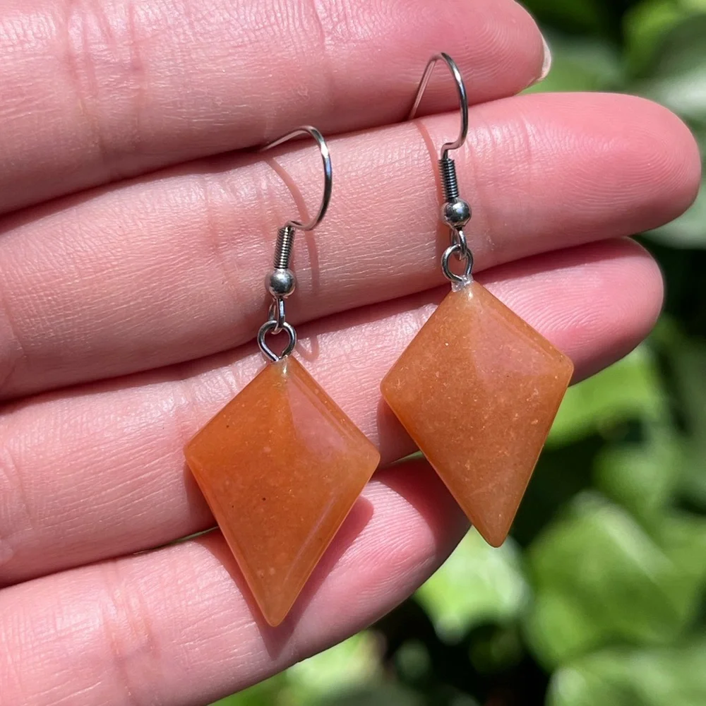 Stainless steel orange aventurine diamond‎ shape drop earrings